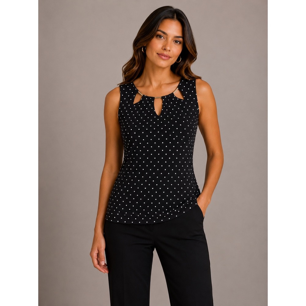 White House Black Market Polka Dot Sleeveless Cutout‎ Hardware Top Black XXS
